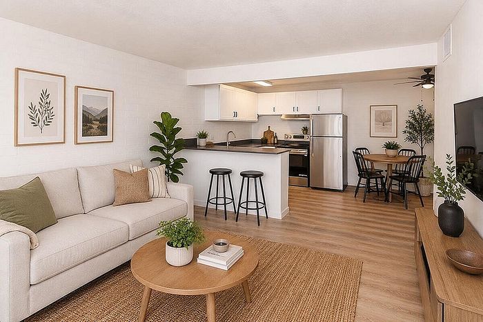 Contemporary open-plan living and kitchen area with stylish decor, comfortable seating, and natural accents.