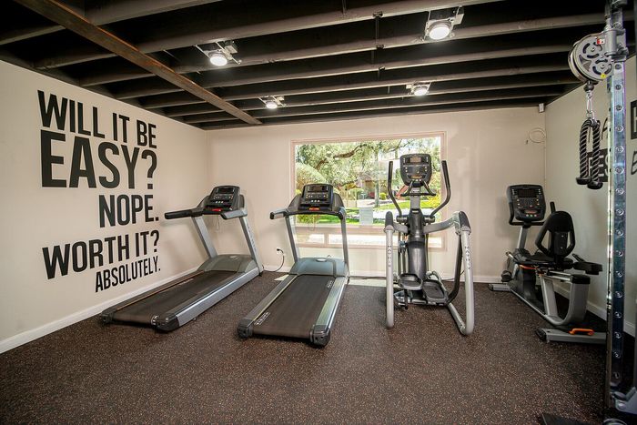 Modern fitness room with motivational wall quote, treadmills, elliptical, and exercise bike, overlooking lush garden.