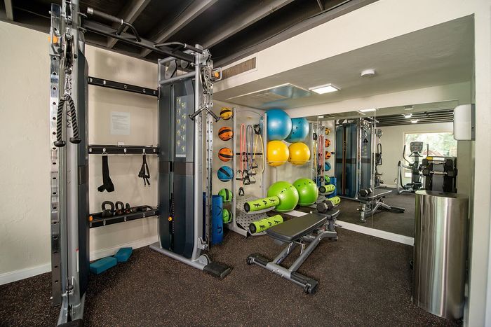 Modern apartment gym with high-quality exercise equipment, vibrant exercise balls, and a spacious workout area.