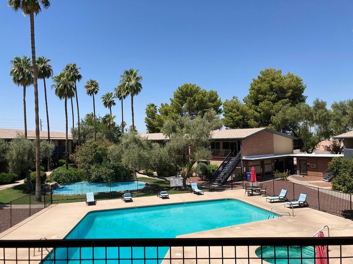 Charming apartment complex with palm-lined courtyard featuring a sparkling pool and lush greenery for a perfect retreat.