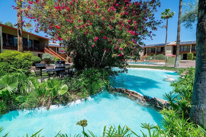 Lush tropical garden with a vibrant swimming pool and cozy outdoor seating, offering a serene escape amidst palm trees and blooming flowers.