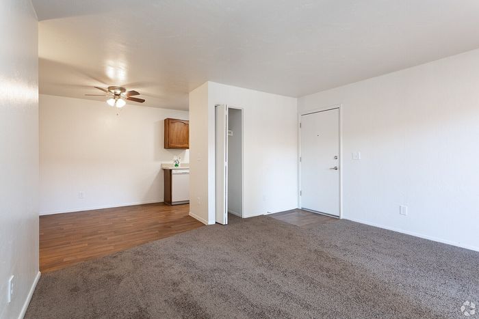 Bright apartment living area with plush carpet, ceiling fan, and open access to a cozy kitchen space.