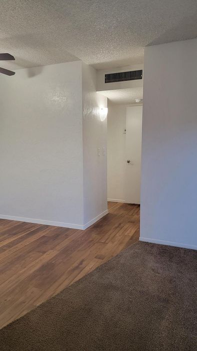 Modern apartment corridor featuring elegant wood flooring and soft carpet transition with ambient lighting.