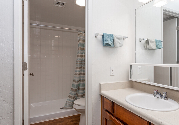 Bright and modern bathroom featuring a stylish vanity, polished sink, and a clean, tiled shower area with a tasteful striped curtain.