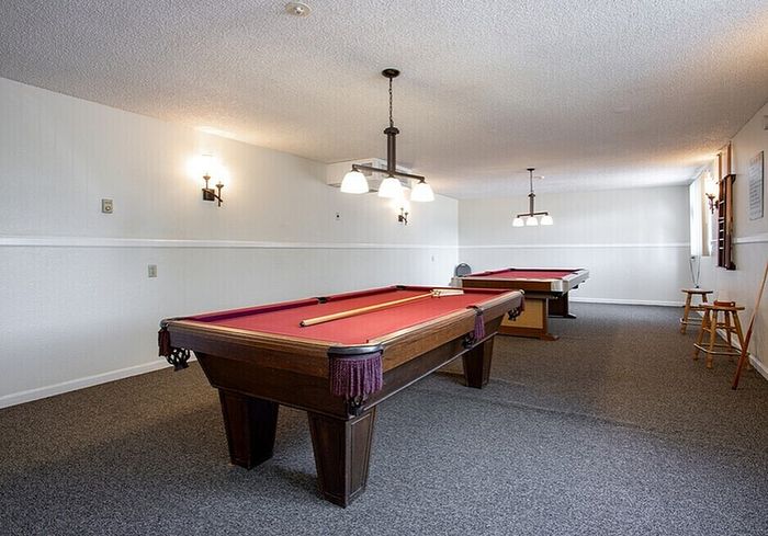 Elegant recreation room featuring two billiard tables, stylish lighting, and plush carpeting, perfect for entertainment and relaxation.