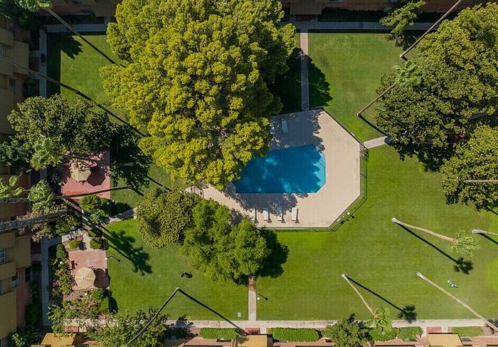 Aerial view of a vibrant courtyard featuring a sparkling blue pool surrounded by lush green lawns and tall trees, offering a serene outdoor escape.