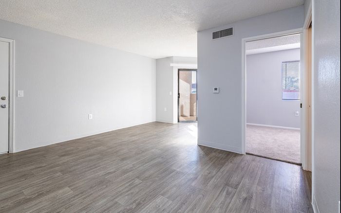 Modern apartment interior featuring elegant hardwood floors, bright open space, and natural light streaming through large windows.