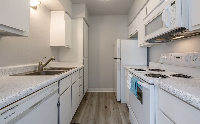 Modern kitchen with sleek white cabinetry, spacious countertops, and essential appliances for a functional and stylish cooking space.