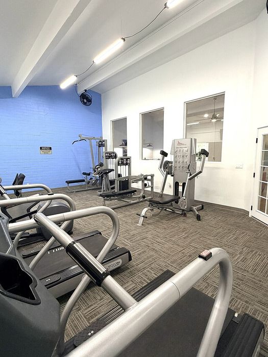 Modern fitness center with state-of-the-art gym equipment, including treadmills and strength machines, in a spacious, well-lit environment.