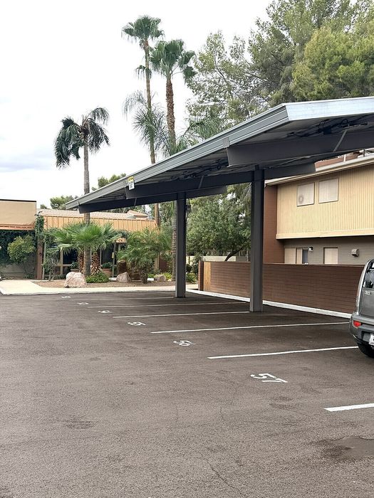 Covered parking area surrounded by lush palm trees and greenery, offering convenient and attractive residential access.