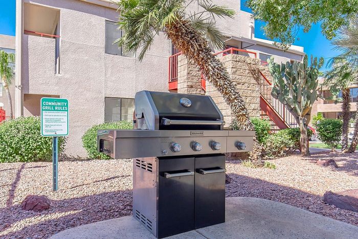 Charming community grill area with modern barbecue setup, nestled amidst lush greenery and palm trees, perfect for social gatherings.