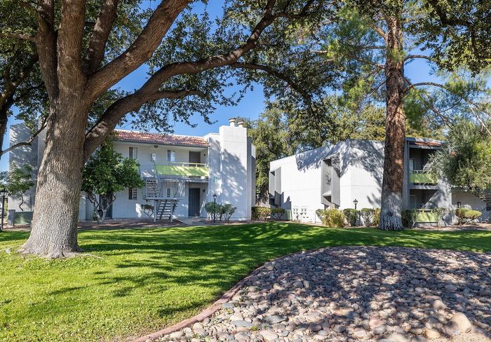 Charming apartment complex nestled under tall, leafy trees with lush green lawns and tranquil rocky pathways.