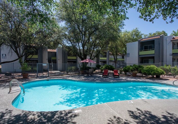 Inviting outdoor pool area with comfortable lounge chairs and scenic trees, perfect for relaxation and enjoyment.