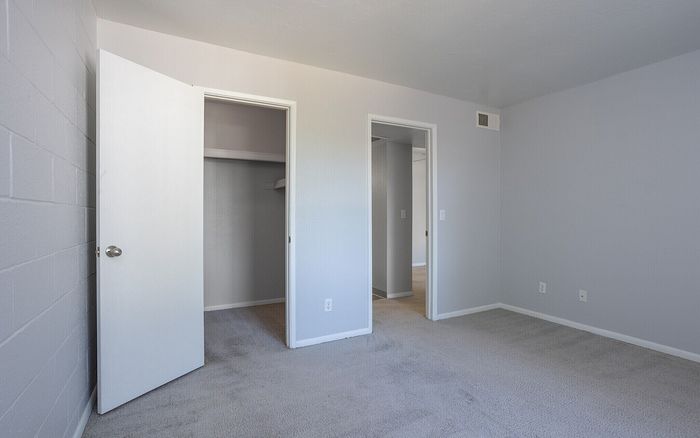 Bright, spacious bedroom with minimalist design, featuring plush carpet and neutral walls. Includes an open closet and white door, ideal for personalization.