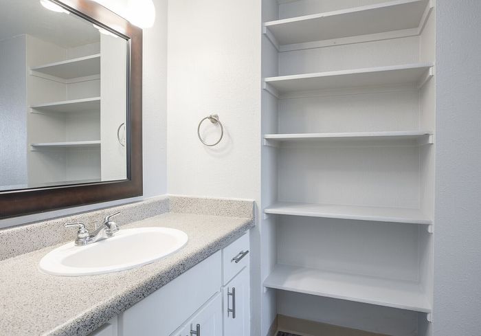 Bright and modern bathroom featuring a sleek countertop sink, elegant mirror, and ample storage shelves.
