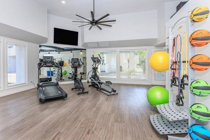Modern fitness room featuring state-of-the-art cardio equipment, vibrant exercise balls, and ample natural light, perfect for energizing workouts.