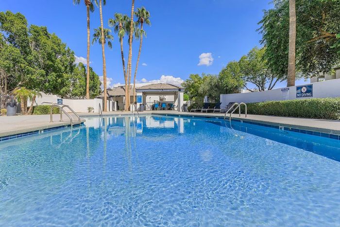 Inviting outdoor pool area with sparkling blue water, surrounded by lush greenery and tall palm trees.