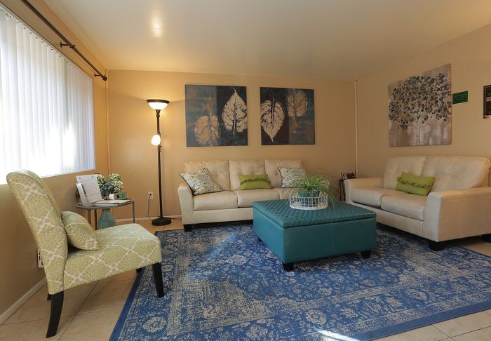 Inviting living room with elegant beige sofas, vibrant blue area rug, and tasteful artwork, bathed in natural light.