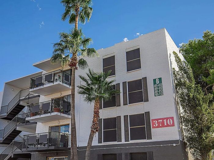 Modern apartment building with spacious balconies and lush palm trees under a clear blue sky, located at address 3710.