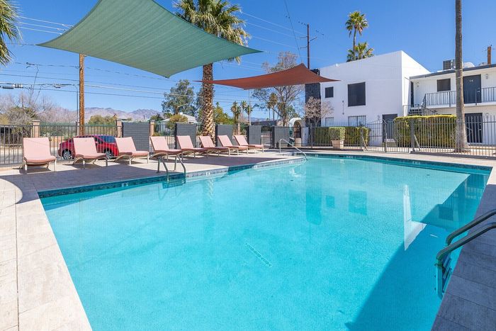 Inviting apartment pool area with modern sun loungers, surrounded by palm trees and a clear blue sky, perfect for relaxation and leisure.