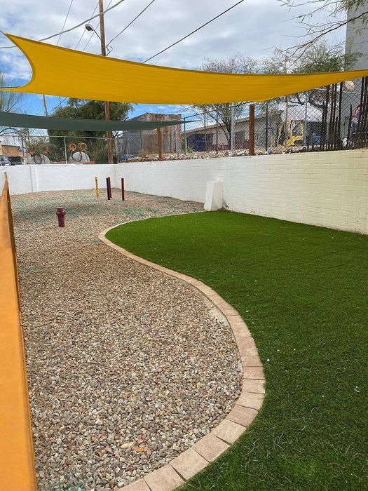Charming outdoor space with vibrant yellow shade sail, lush artificial grass, and decorative stone walkway.