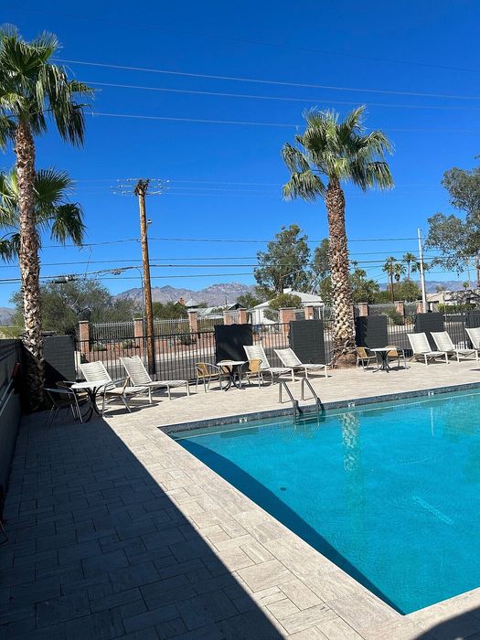Inviting apartment pool area with sun loungers and palm trees under a clear blue sky.