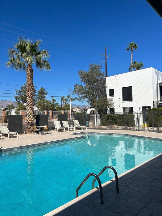 Inviting crystal-clear swimming pool with stylish poolside loungers, surrounded by palm trees and a modern white building under a vibrant blue sky.