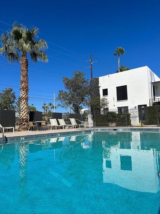 Luxurious apartment complex with a sparkling blue pool, surrounded by stylish lounge chairs and serene palm trees.