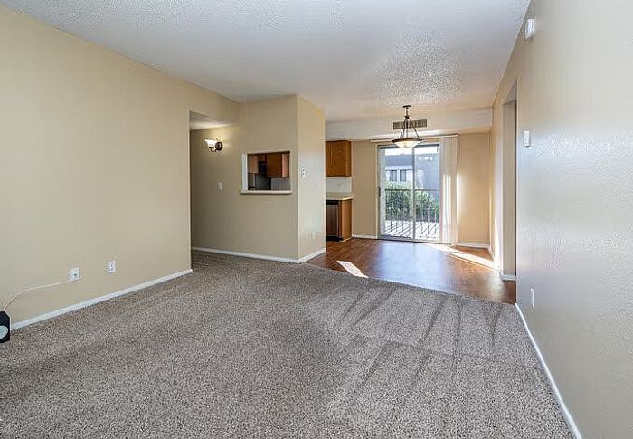 Inviting open-concept living area with plush carpet, stylish lighting, and natural light flowing through sliding glass doors to a scenic balcony view.