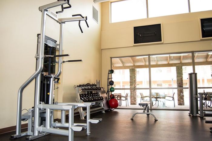 Bright, modern gym equipped with state-of-the-art fitness machines and free weights, featuring large windows for a refreshing workout ambiance.