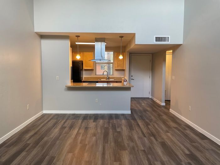 Modern open-concept apartment featuring a sleek kitchen with pendant lighting, elegant countertops, and stylish wood flooring.