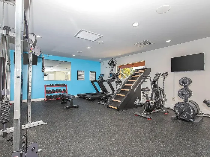 Modern fitness center featuring state-of-the-art equipment, including weight machines, cardio machines, and exercise balls, in a bright and spacious setting.