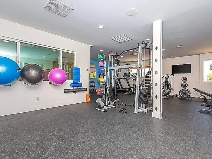 Modern fitness center featuring state-of-the-art equipment, including weight machines, cardio machines, and exercise balls, in a bright and spacious setting.