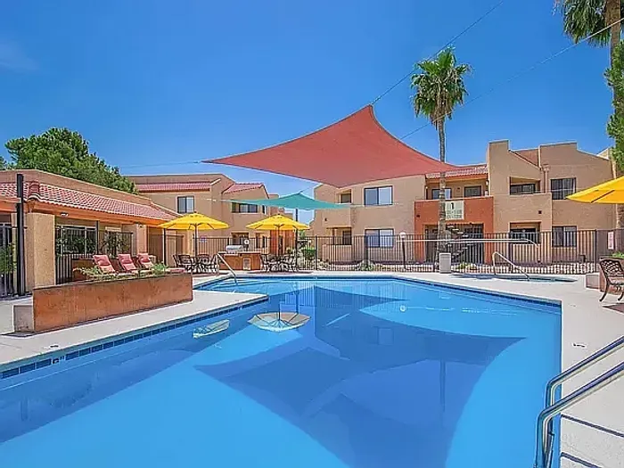 Puesta del Sol property swimming pool in Tucson, Arizona, surrounded by palm trees and Southwestern landscaping.