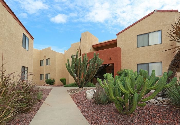 Charming apartment exterior with Southwestern architecture, surrounded by mature cacti and desert landscaping under a clear blue sky.