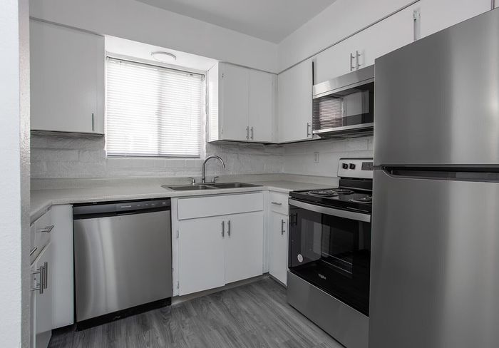 Modern kitchen featuring sleek stainless steel appliances, elegant cabinetry, and ample natural light.