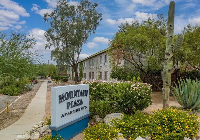 Charming apartment complex nestled in lush landscaping featuring vibrant flowers and towering cacti at Mountain Plaza.