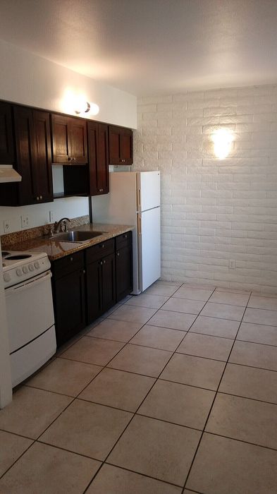 Bright kitchen with stylish dark wood cabinets, sleek granite countertops, and modern appliances.