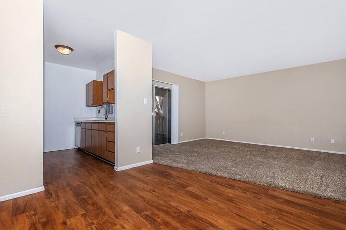 Inviting apartment interior with a spacious open-concept living area, warm wooden flooring, and a cozy carpeted section next to a modern kitchen.