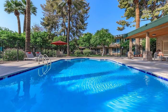 Inviting outdoor swimming pool surrounded by lush greenery and lounge chairs, offering a relaxing retreat in a sunny, picturesque setting.