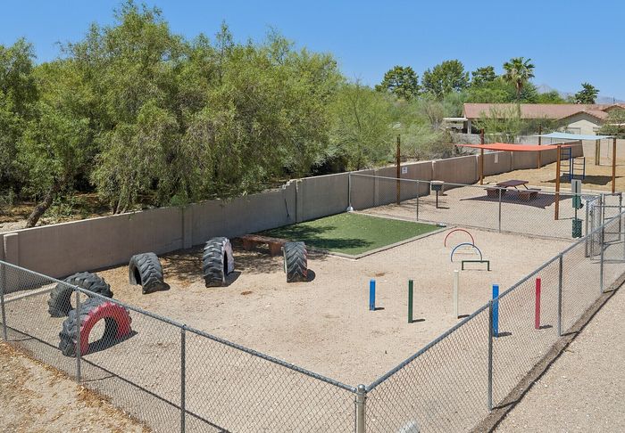 Vibrant outdoor play area with shaded picnic table, colorful climbing structures, and natural greenery, perfect for family fun.