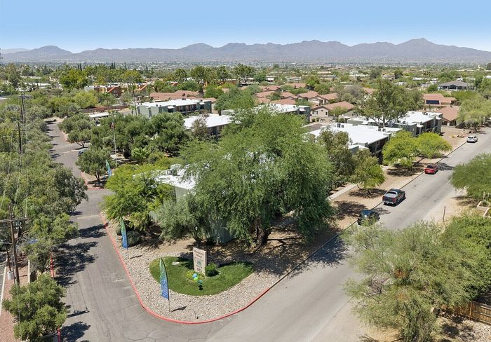 Charming aerial view of a serene neighborhood showcasing lush greenery and distant mountain landscapes, perfect for tranquil living.