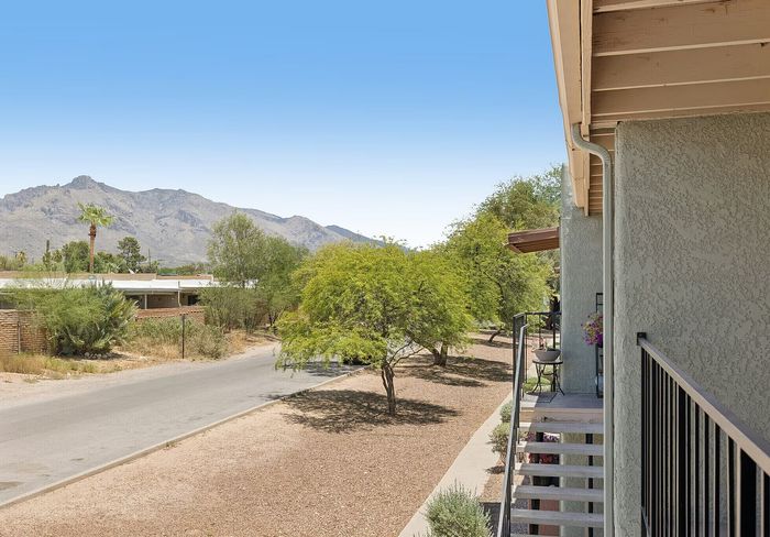 Charming apartment building with a stunning mountain view, lush greenery, and a peaceful residential street.