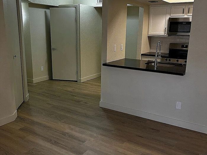 Contemporary apartment interior showcasing an inviting open kitchen with sleek countertops and modern appliances, complementing the stylish wooden flooring.