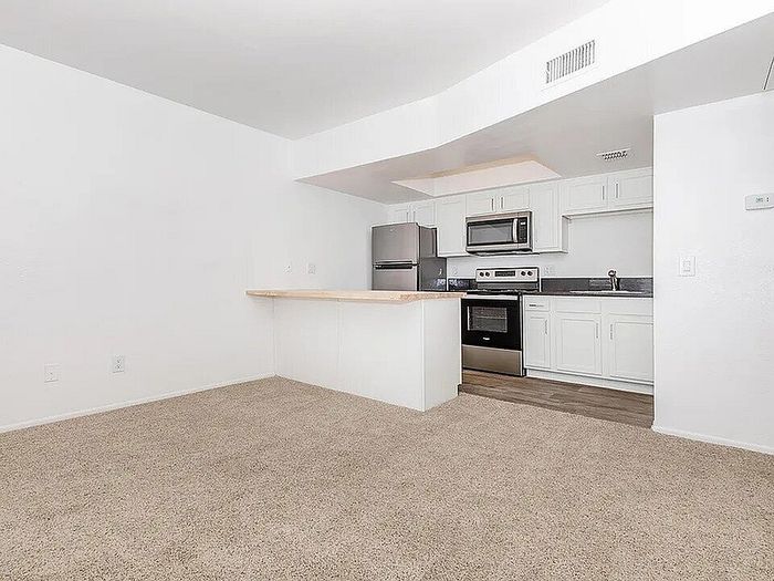 Modern open-concept kitchen with stainless steel appliances, sleek countertops, and cozy carpeted living area.