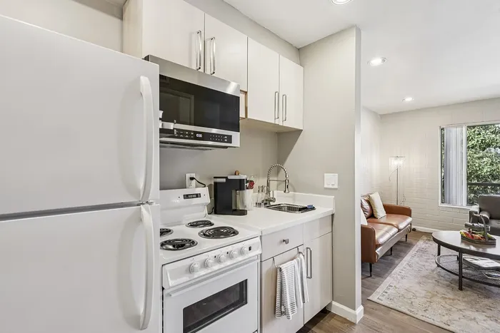 Charming apartment kitchen with modern appliances and cozy living room, offering a bright and inviting space for relaxation.