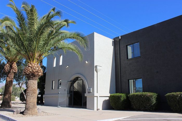 Charming apartment exterior with modern design, lush palm trees, and a clear blue sky backdrop.