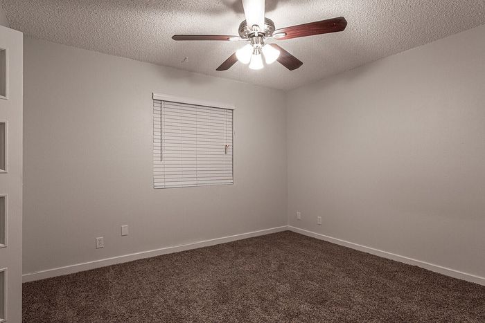 Inviting bedroom with cozy carpet flooring and elegant ceiling fan, offering a warm and welcoming atmosphere.