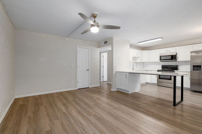 Modern open-concept apartment with sleek wood flooring, stylish ceiling fan, and a chic kitchen featuring stainless steel appliances and a spacious island.
