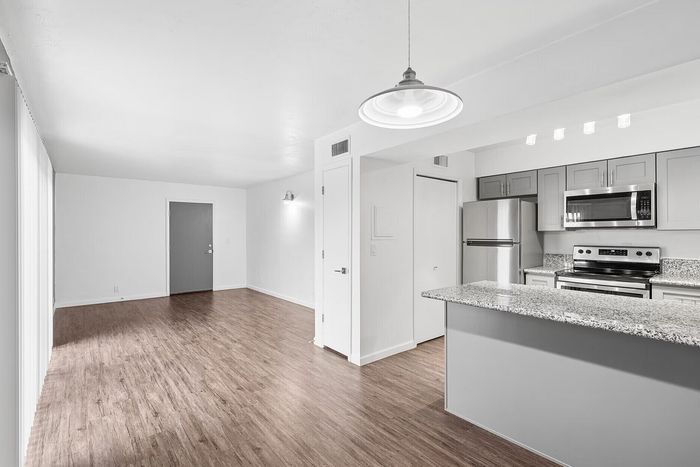 Modern open-concept living space featuring a sleek kitchen with granite countertops and stainless steel appliances, complemented by stylish wood flooring.